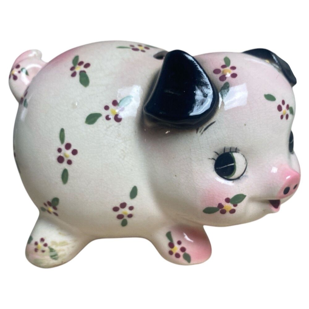 Vtg RELCO Japan Floral Piggy Bank Ceramic Pink Pig No Stopper